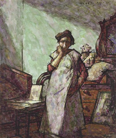 Interieur met mevrouw Mounter in een overall, 1 december 1918 door Harold Gilman